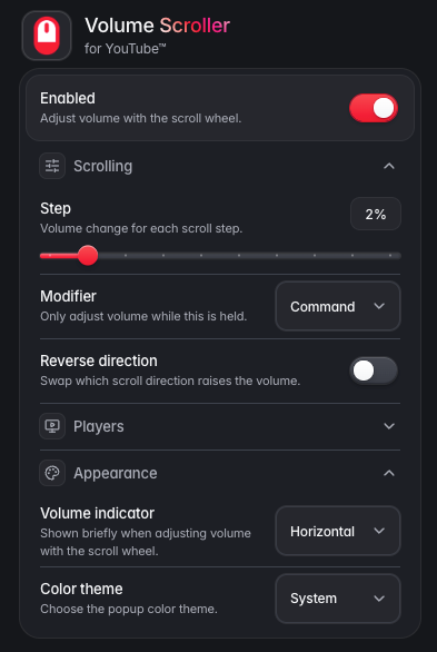 Volume Scroller for YouTube™ Extension Settings